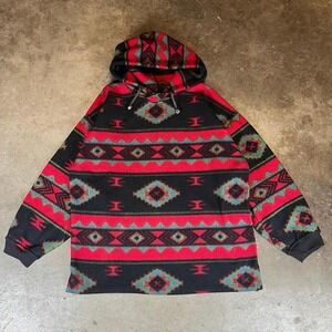 Bugle Boy Mens Vintage 90s Southwestern Fleece Hoodie Red Black Geometric Large